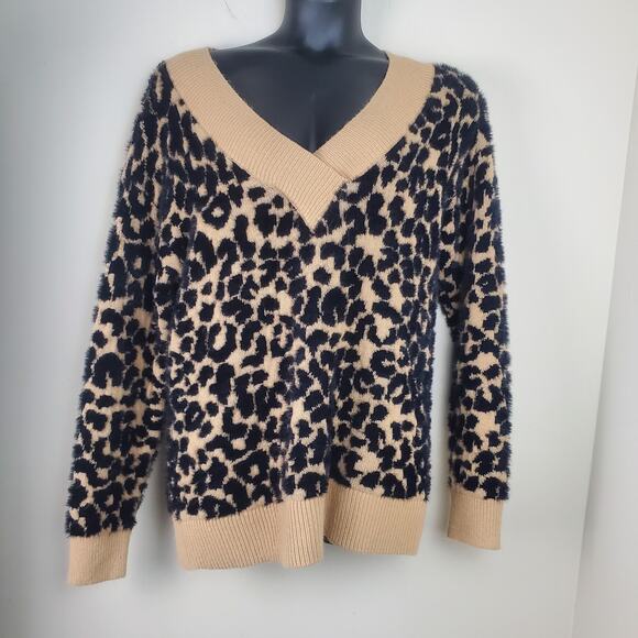 AVA AND VIV Animal Print Fuzzy V Neck Sweater | Size X - Picture 3 of 12
